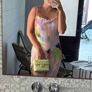 Multicolor Cowl Neck Printed Plisse Maxi Dress Sleeveless Tank Dress